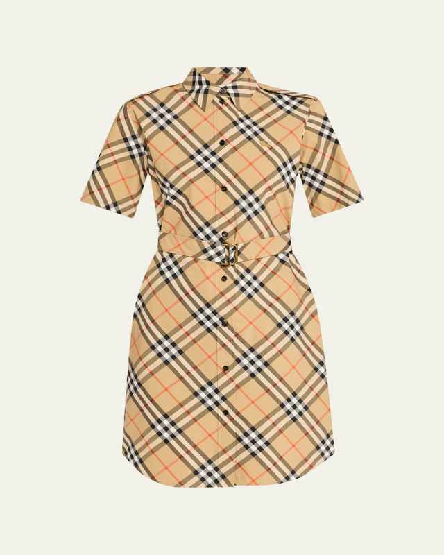 Check Short-Sleeve Belted Mini Shirtdress